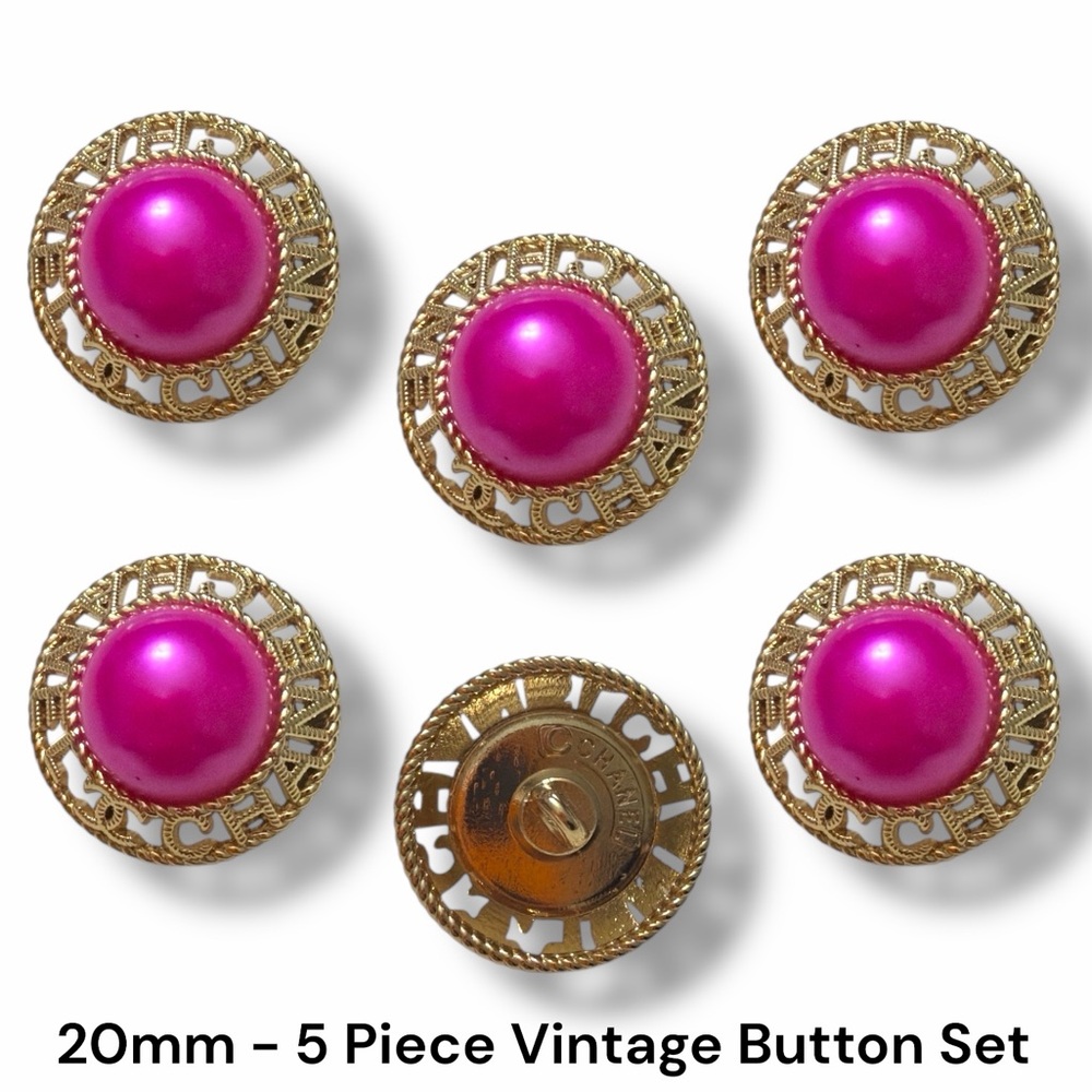 Set of 5 Vintage Stamped Designer Luxury Buttons Hot Pink & Gold - 20mm